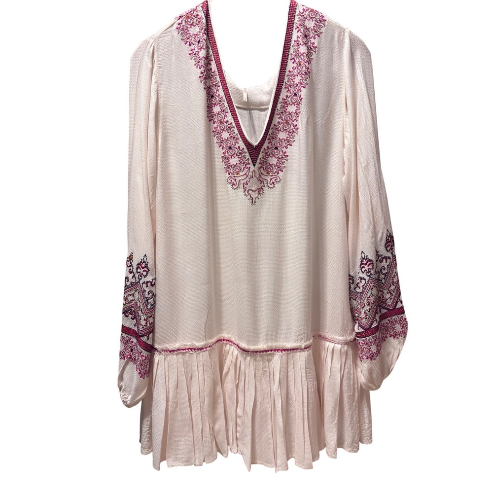 Free People Ivory Embroidered Tunic Dress Womens Small‎ Pink Excellent Boho Mini